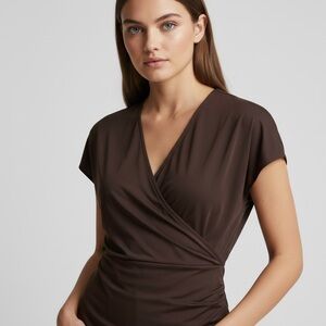 🌻NWOT Halara V-Neck Crossover Ruched Blouse Brown Cap Sleeve Stretch Top Size L